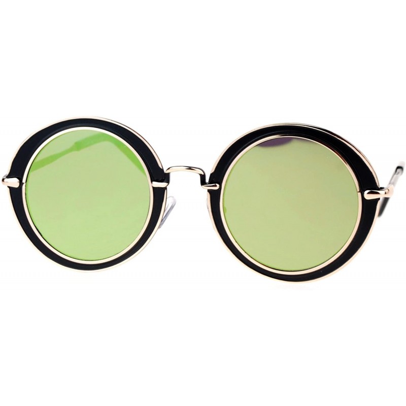 Round Womens Sunglasses Round Metal Flat Frame & Flat Lens UV 400 - Black Gold (Yellow Mirror) - CB188QGCX9Y $10.08