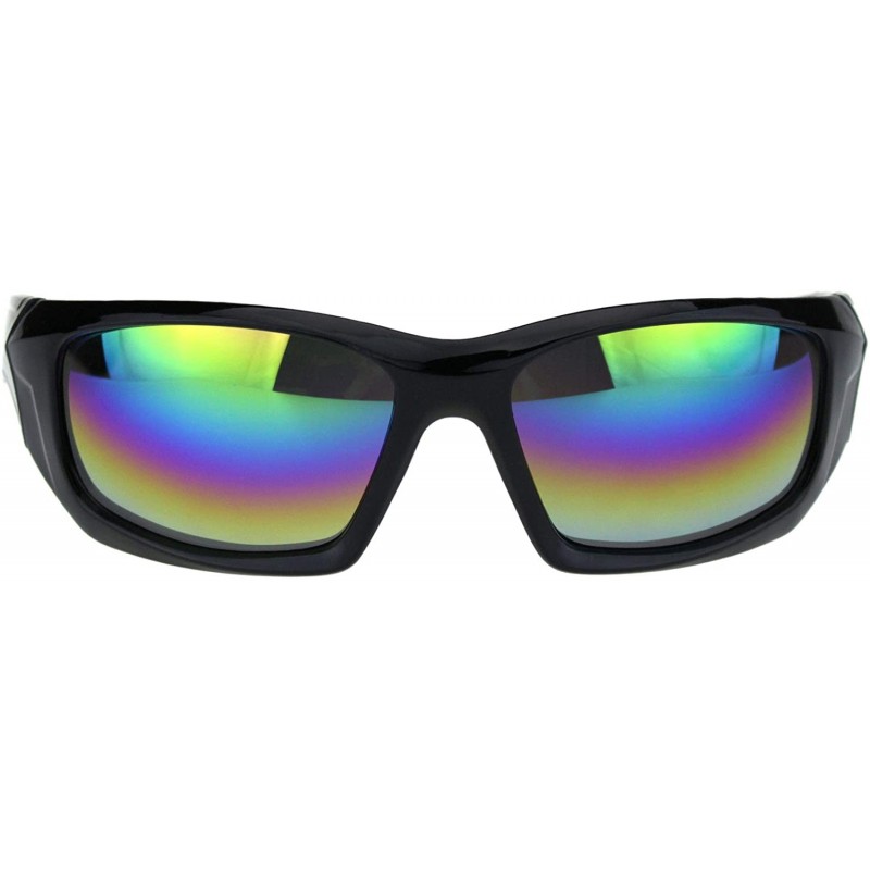 Sport Mens Aerodynamic Robotic Futurism Black Plastic Sport Sunglasses - Shiny Black Oil Slick Mirror - CG18QTHT5TA $12.38