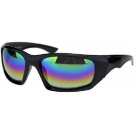 Sport Mens Aerodynamic Robotic Futurism Black Plastic Sport Sunglasses - Shiny Black Oil Slick Mirror - CG18QTHT5TA $12.38