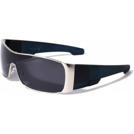 Shield Polarized Texture Checkers Temple Curved One Piece Shield Lens Sunglasses - Black Silver Blue - C5190W8MWUR $35.53