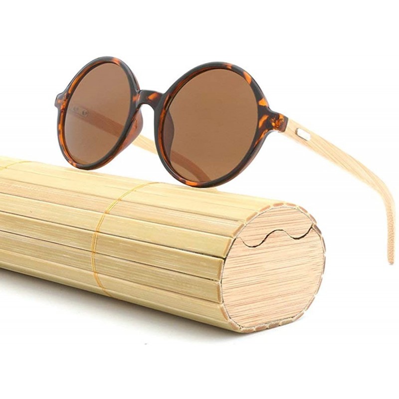 Round New Round Frame Retro Bamboo Leg Sunglasses Unisex Classic Black Sunglasses UV400 - Leopard - CE1934S65HE $15.55