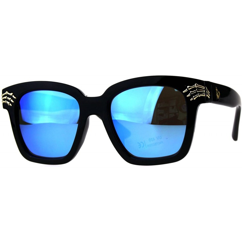 Rectangular Womens Boyfriend Skeleton Hand Thick Horn Rim Hipster Sunglasses - Black Blue Mirror - C318DK45R9R $14.89