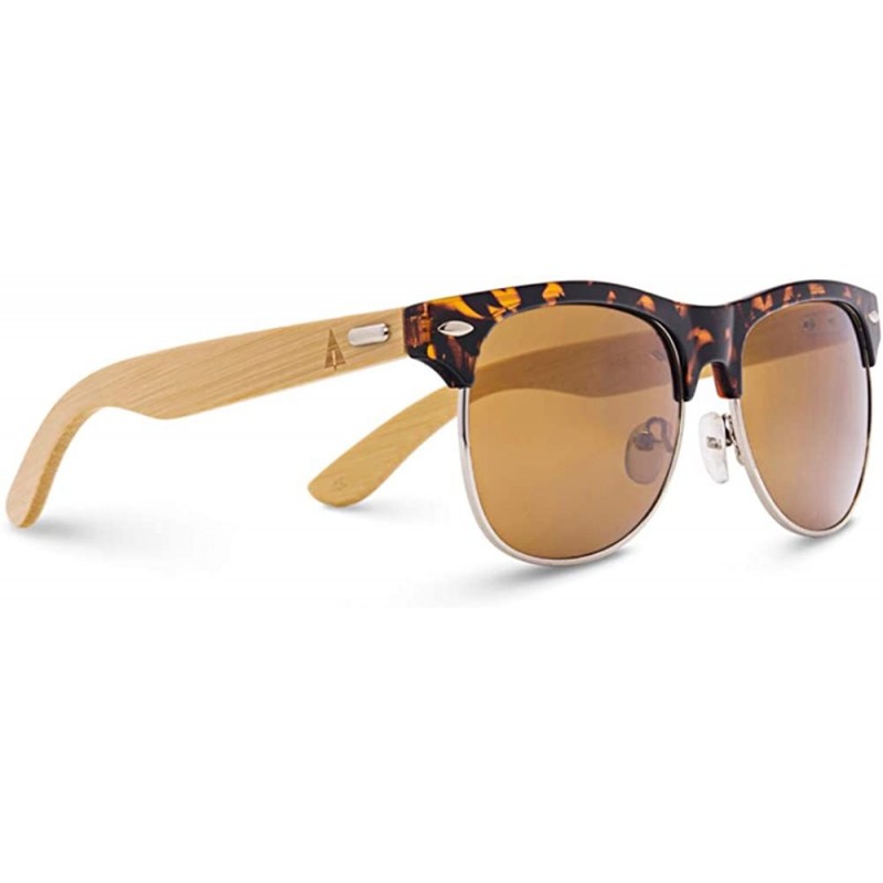 Round Wooden Bamboo Sunglasses Temples Half Frame Rim Vintage - Tortoise W/ Pouch - CJ11VJOYJMN $26.31