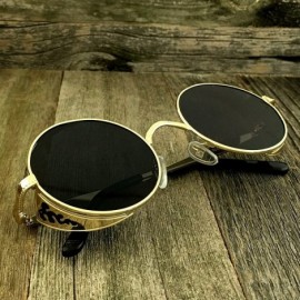 Shield Gothic Steampunk Round Sunglasses Embossed Side Shields - Gold Frame - Black Lens - CH12J1KB82F $29.00