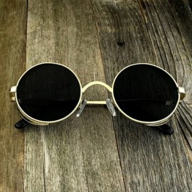 Shield Gothic Steampunk Round Sunglasses Embossed Side Shields - Gold Frame - Black Lens - CH12J1KB82F $29.00
