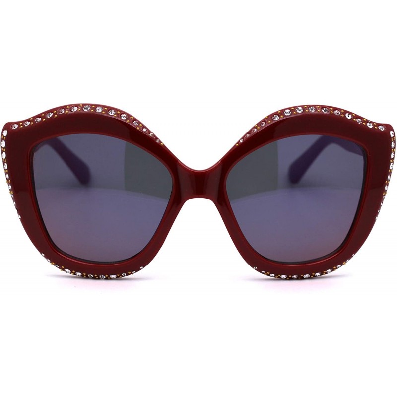 Oversized Womens Rhinestone Studded Butterfly Chic Plastic Sunglasses - Burgundy Blue Mirror - CY1959WIDOW $12.46