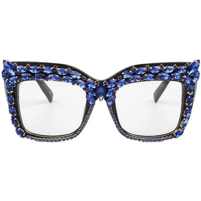 Rectangular 2019 New Fashion Diamond Glasses Luxury Rhinestone Red Gold Blue Cat Sunglasses Big frame female - Blue - C818A5E...