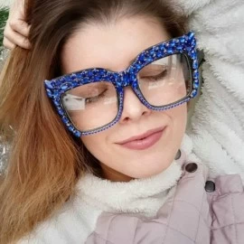 Rectangular 2019 New Fashion Diamond Glasses Luxury Rhinestone Red Gold Blue Cat Sunglasses Big frame female - Blue - C818A5E...