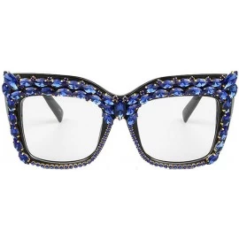 Rectangular 2019 New Fashion Diamond Glasses Luxury Rhinestone Red Gold Blue Cat Sunglasses Big frame female - Blue - C818A5E...