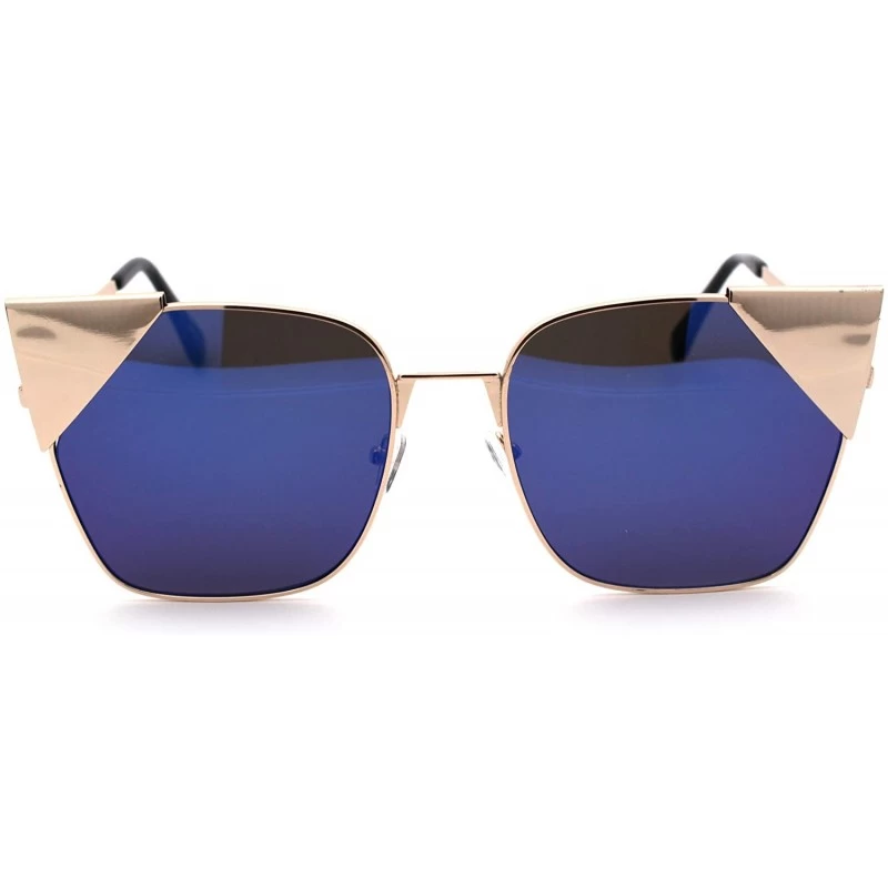 Rectangular Womens Metal Rim Rectangular Oversize Cat Eye Retro Sunglasses - Gold Blue Mirror - CA18W4HOMQ8 $25.19