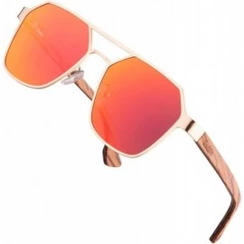 Aviator Prague Stainless Steel Sunglasses with Triple Layered Wood Temples - Golden Stainless Steel / Coral Lens - CW194LEYDX...