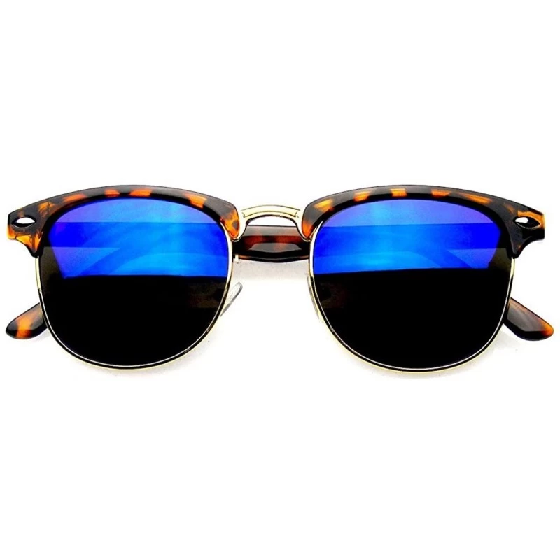 Round Classic Half Frame Horned Rim Gold Accent Half Frame Sunglasses - Tortoise Blue - CB12O0B54TP $18.23