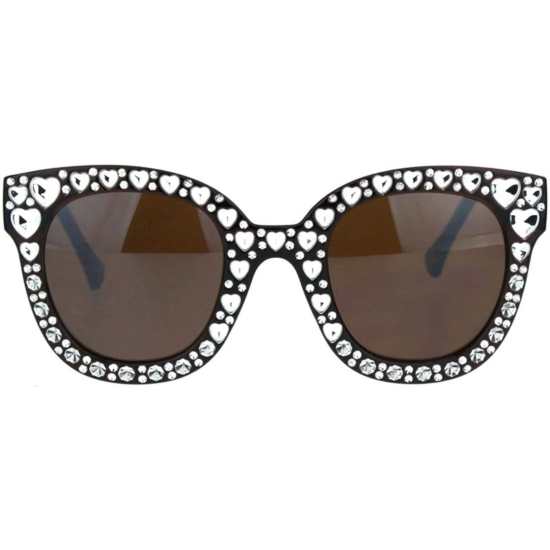 Rectangular Womens Heart Foil Jewel Engraving Thick Plastic Horn Rim Fashion Sunglasses - Brown Silver Brown - C718IDT5Y2T $1...