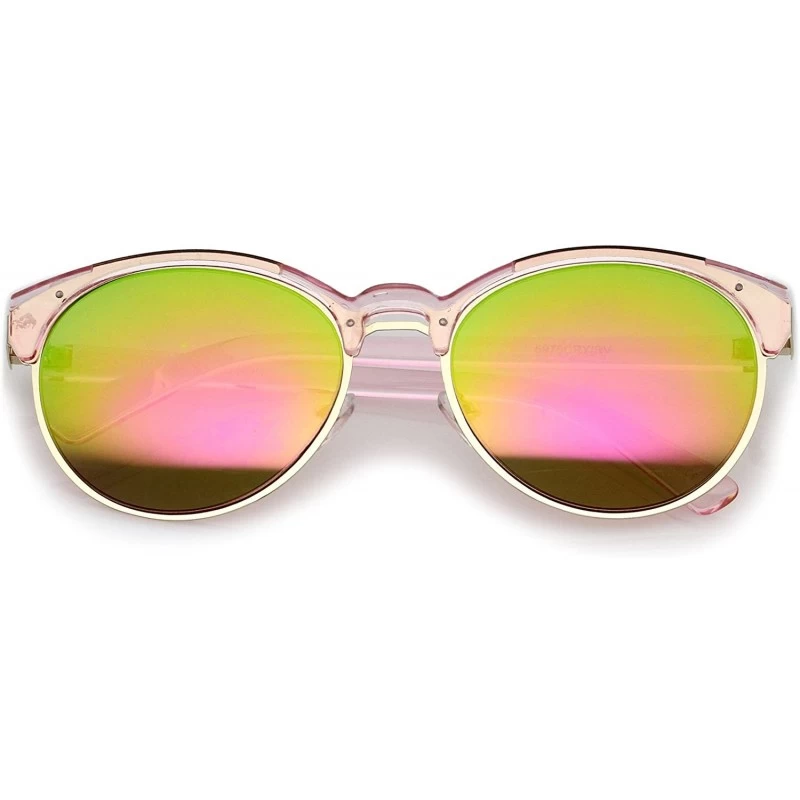 Oval Double Nose Bridge Metal Trim Mirror Lens Round Cat Eye Sunglasses 55mm - Pink-gold / Pink-green Mirror - CQ12NTZGAKS $2...