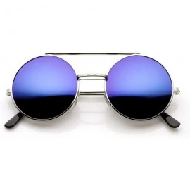 Round Limited Edition Color Mirror Flip-Up Lens Round Circle Django Sunglasses (Silver Blue-Mirror) - CN11CL3IAVV $23.06