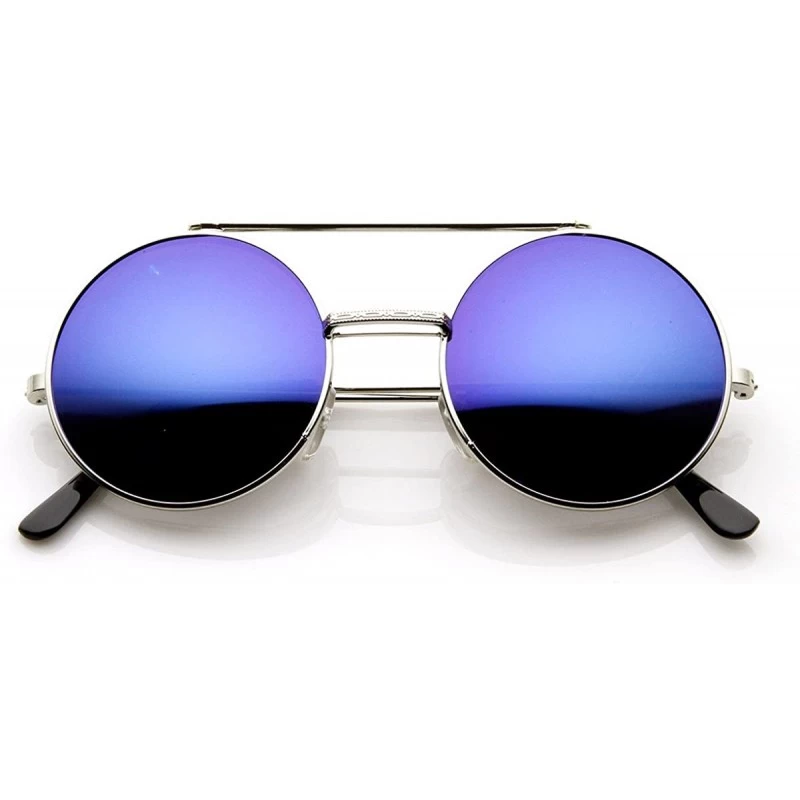 Round Limited Edition Color Mirror Flip-Up Lens Round Circle Django Sunglasses (Silver Blue-Mirror) - CN11CL3IAVV $10.48