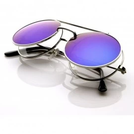 Round Limited Edition Color Mirror Flip-Up Lens Round Circle Django Sunglasses (Silver Blue-Mirror) - CN11CL3IAVV $10.48