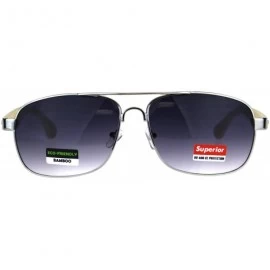 Rectangular Mens Rectangular Metal Pilots Officer Bamboo Wood Arm Sunglasses - Silver Light Wood - C4180ANKES3 $26.97