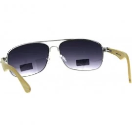 Rectangular Mens Rectangular Metal Pilots Officer Bamboo Wood Arm Sunglasses - Silver Light Wood - C4180ANKES3 $15.31