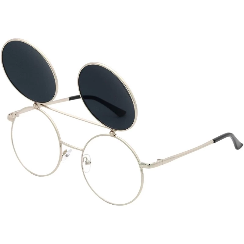 Goggle Flip up Steampunk Round Circle Retro Sunglasses - Silver-black - C418OZE5U4Q $9.47