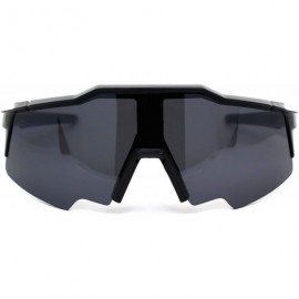 Sport Robotic Futuristic Shield Plastic Sport Solid Black Lens Sunglasses - Shiny Black - C318Z3KXH6U $14.47