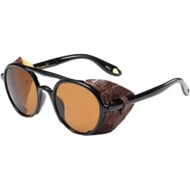 Round Women's Retro Classic Round Plastic Frame Sunglasses With Leather - Bright Black Brown - CN18WE6MXHD $43.96