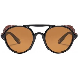 Round Women's Retro Classic Round Plastic Frame Sunglasses With Leather - Bright Black Brown - CN18WE6MXHD $17.58