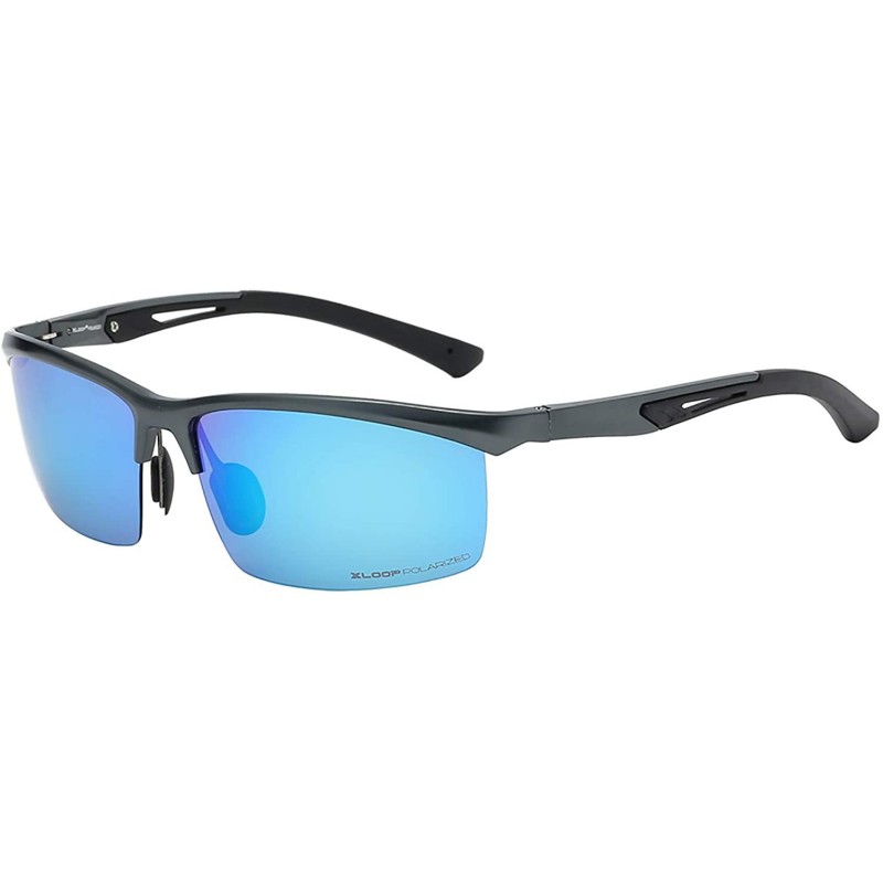 Rectangular Polarized Rectangular Al-Mg Metal Semi Rimless Fishing Sunglasses For Men - Gun Metal - Polarized Ice Blue - CE18...