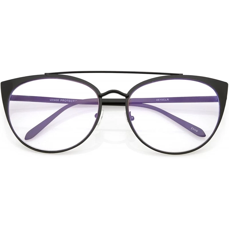 Cat Eye Women's Oversize Metal Crossbar Round Clear Flat Lens Cat Eye Glasses 61mm - Black / Clear - CF187I7RW50 $21.98
