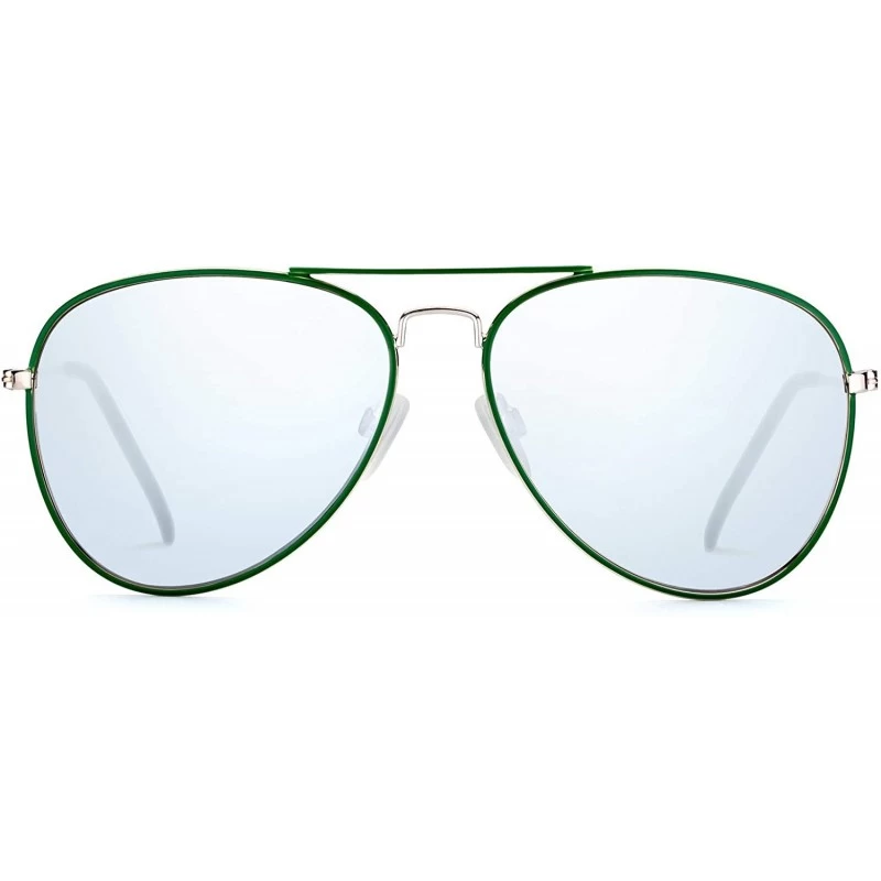 Aviator Classic Military Sunglasses For Men Women Mirrored Lens Metal Frame Retro Eyewear - Green Frame/Silver Lens - C118EQK...