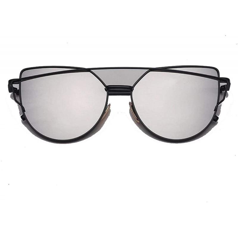 Shield Designer Cat Eye Sunglasses Women Vintage Metal Reflective Glasses Mirror Retro - Black Silver - CD198A9CL5X $30.21