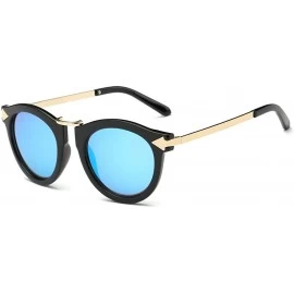 Round Women's Fashion Round Cat Eye Sunglasses Flash Mirror Lens Metal Frame UV400 - Black/Blue - CP12IACCIBJ $23.20