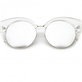 Semi-rimless Women's Half Frame Oversize Mirrored Flat Lens Round Cat Eye Sunglasses 59mm - Clear Silver / Silver Mirror - CK...