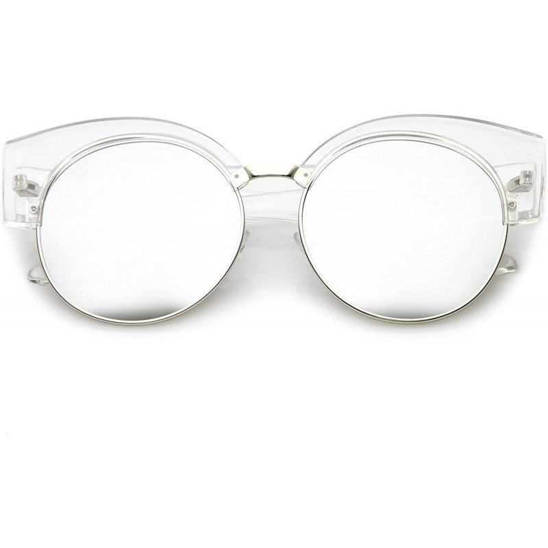 Semi-rimless Women's Half Frame Oversize Mirrored Flat Lens Round Cat Eye Sunglasses 59mm - Clear Silver / Silver Mirror - CK...