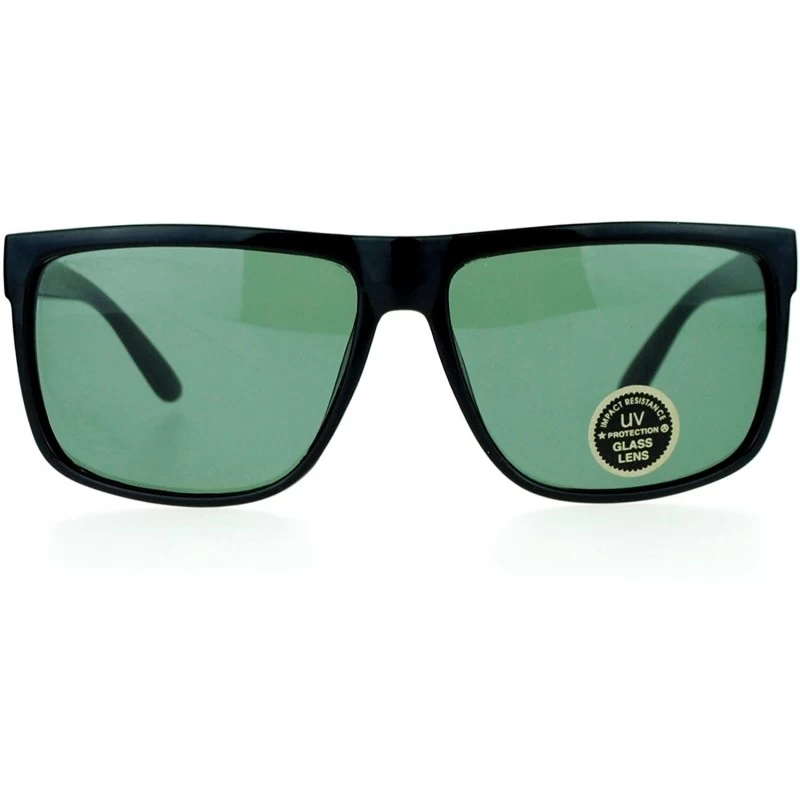 Rectangular Temper Glass Shatterpoof Lens Oversize Thin Plastic Horned Sunglasses - Black Green - CO127FETZT7 $7.80